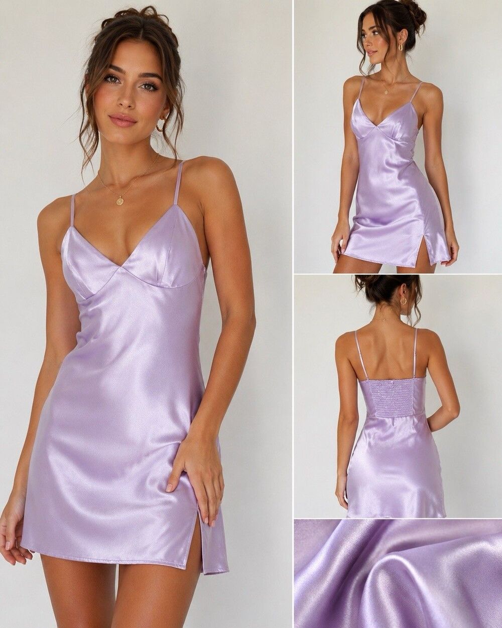 Bear Dance Lavender Satin Slip Dress Side Slit Spaghetti Strap Mini NWT M